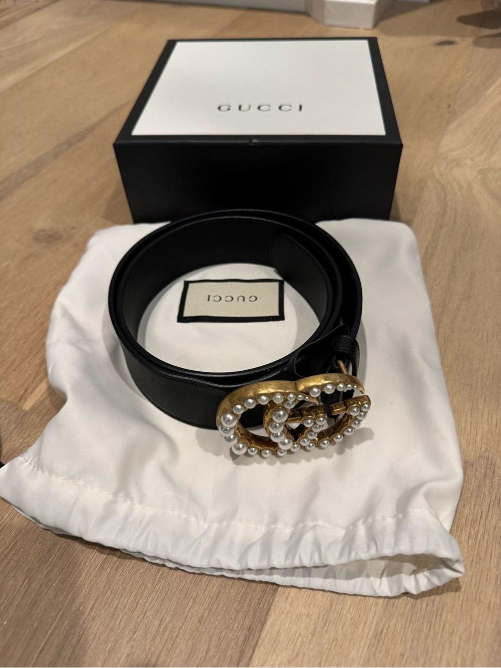 Gucci Black Leather Belt with Gold Pearl-Embellished Double G Buckle